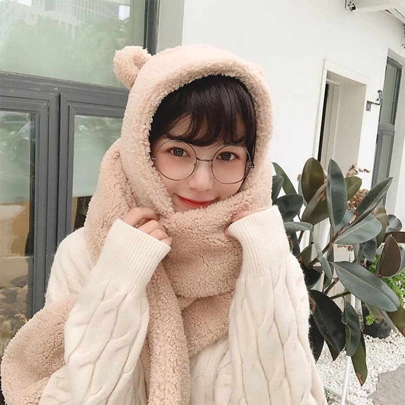 Mũ lông cừu tai gấu kèm khăn quàng cổ và găng tay