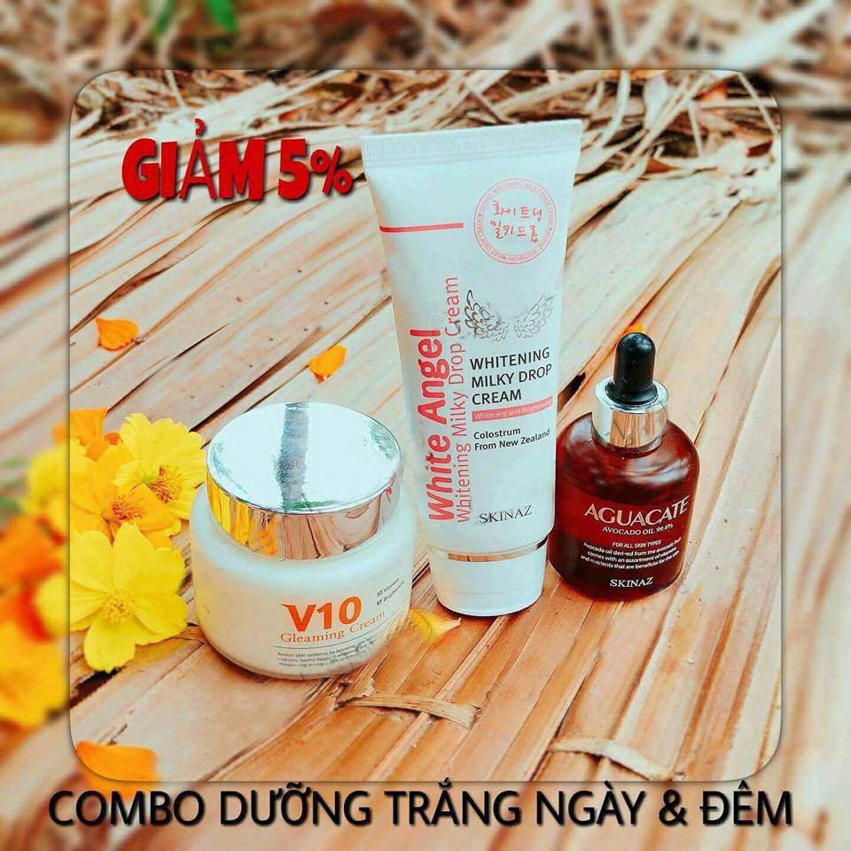 Bộ Dưỡng Da Ngày và Đêm Skinaz (Serum Tinh Chất Bơ, Kem White Angel, Kem V10 Skinaz)