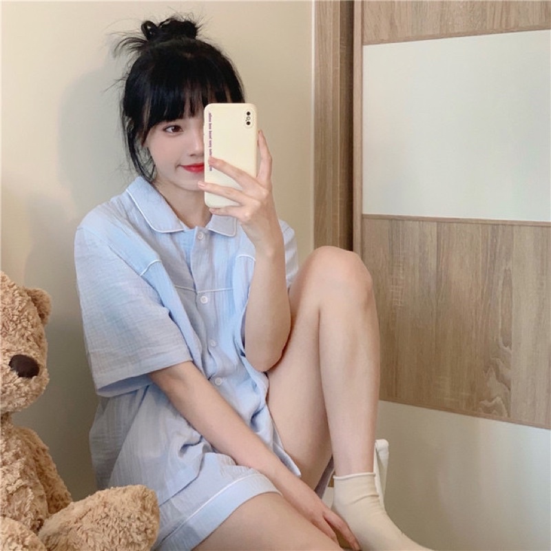 Set đồ ngủ mặc nhà pijama xanh pastel muslin dễ thương ulzzang Hàn Quốc [Yannie]