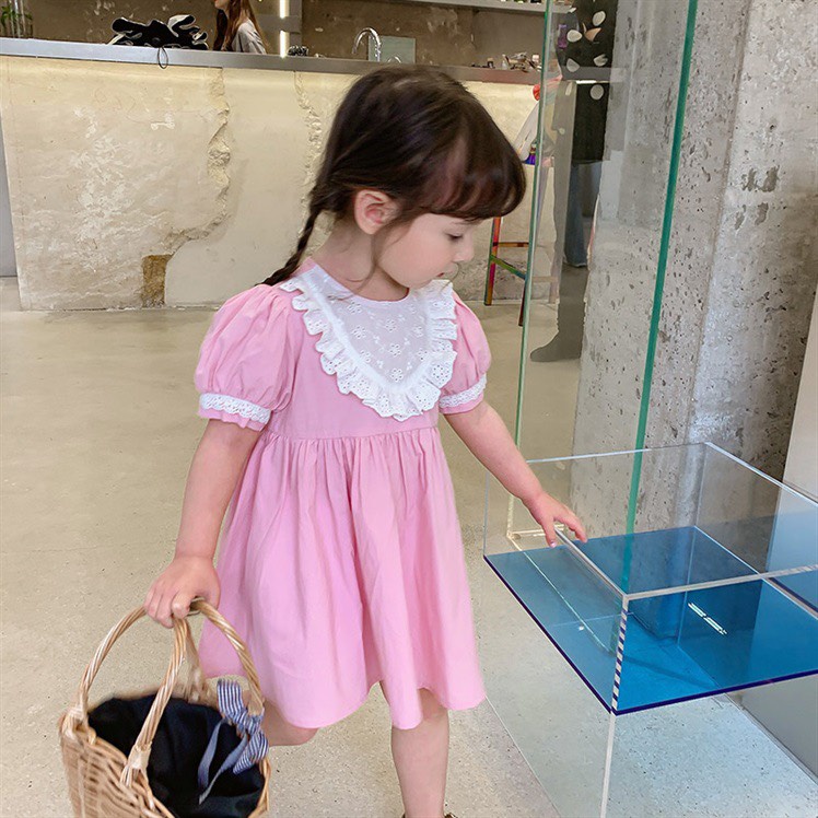 Váy bé gái basic cổ trắng thêu hoa nổi 2 mầu Xanh Hồng XHN844