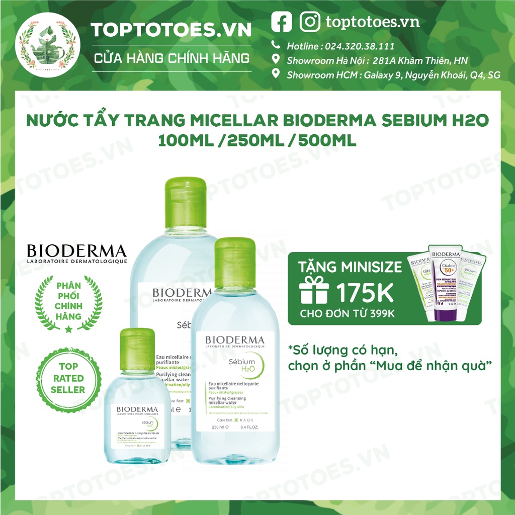 Nước tẩy trang Bioderma xanh Micellar Sebium H2O cho da dầu mụn 100ml/ 250ml/ 500ml [NHẬP KHẨU CHÍNH HÃNG 100%]