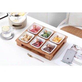 Khay mứt đế gỗ sứ nắp thuỷ tinh
