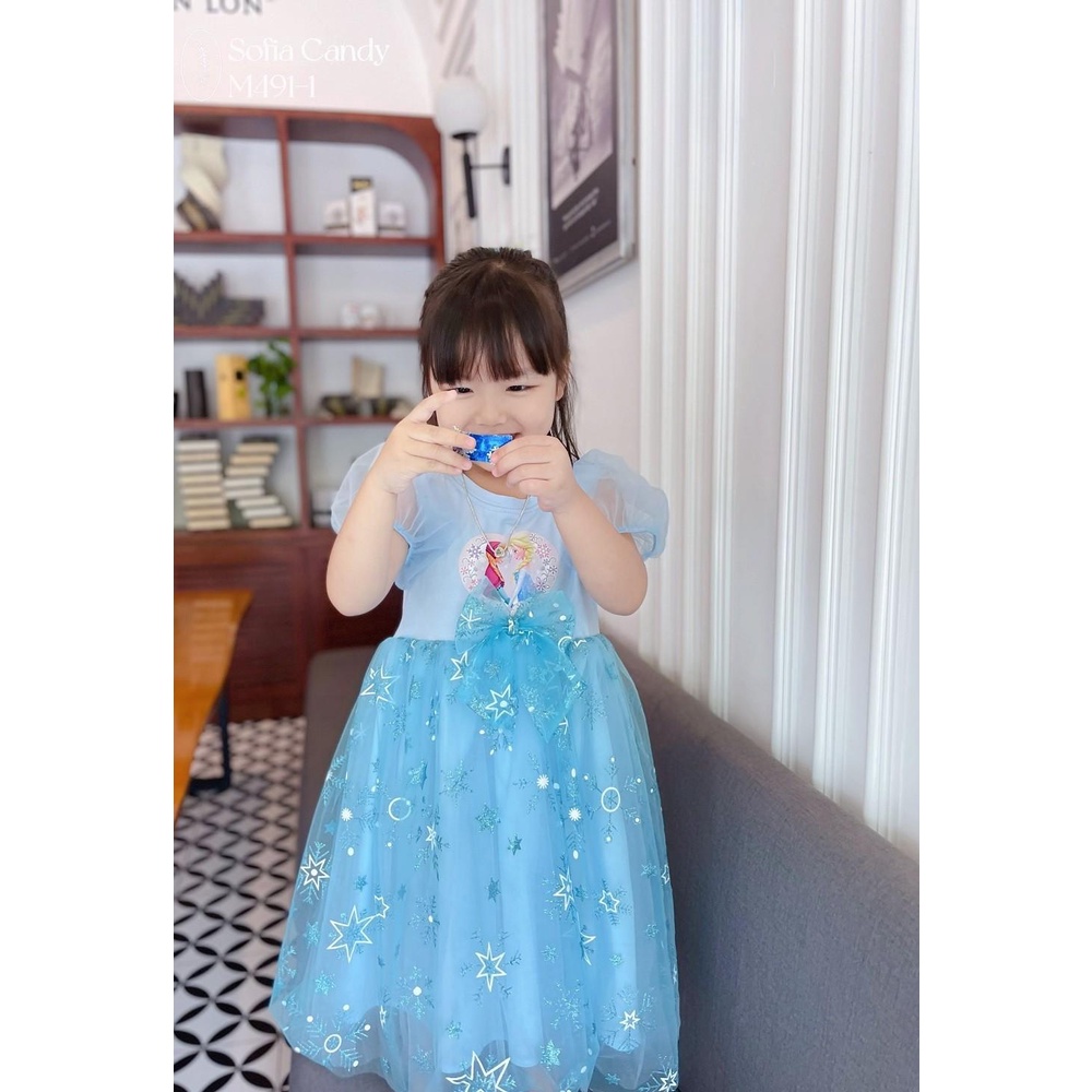 Váy công chúa esla, đầm elsa thiết kế 3 lớp tay bồng thun cotton xược phối voan 2 màu hồng xanh