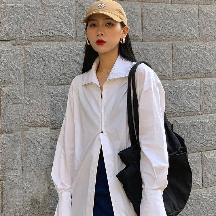 Áo sơ mi trắng phối nút khóa kéo phong cách retro Hong Kong mới cho nữ