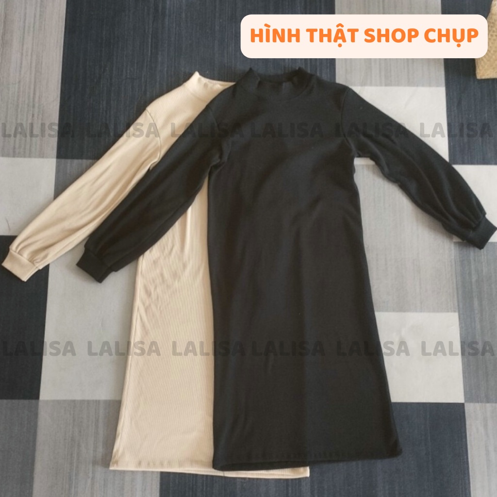 Váy Len Dài LALISA Đầm Maxi Suông Tay Dài Chất Len Dệt Kim Thiết Kế Hàn Quốc Basic Hai Màu Đen Kem VD013