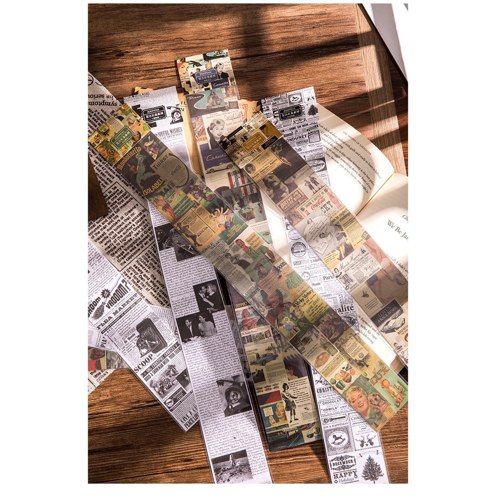 Sticker họa tiết giấy báo cũ trang trí sách ảnh DIY vintage,  bullet journal