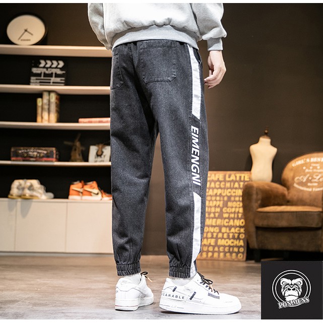 [Hàng Loại 1] Quần jean jogger nam nữ bó gấu lưng chun chữ sọc phong cách Hàn Quốc hot trend 2020