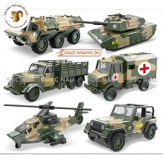 Đồ chơi hộp 6 xe ô tô quân sự cho bé gồm xe tăng máy bay xe bọc thép xe chỉ huy xe cứu thương xe tải Sóc nâu