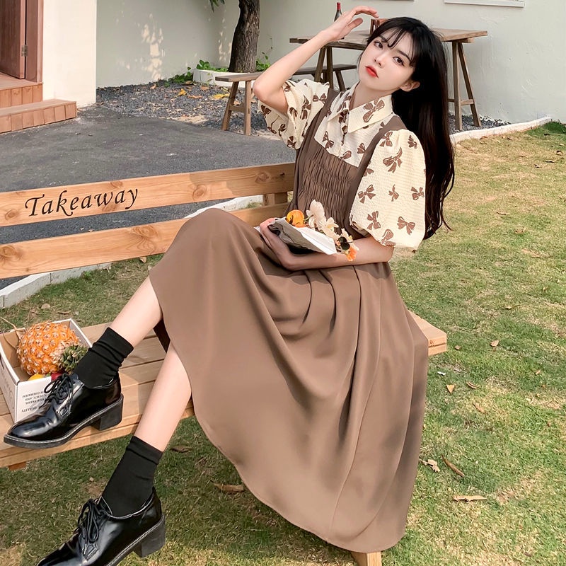 Đầm Giả Hai Mảnh Eo Co Giãn Phong Cách Preppy Pháp Thời Trang Mùa Hè