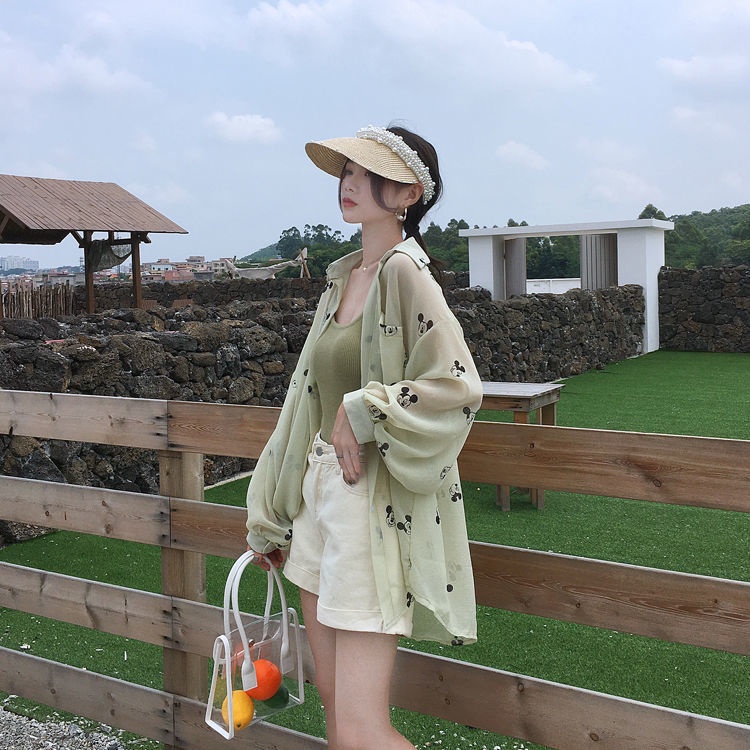 Áo Sơ Mi Chống Nắng Tay Dài Dáng Rộng Cỡ Lớn In Hình Chuột Mickey Thời Trang Cho Nữ