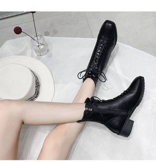 CÓ SẴN ẢNH THẬT Boots bốt nữ da bóng da lì mờ cổ cao ôm buộc dây có khóa kéo cao cấp fullbox