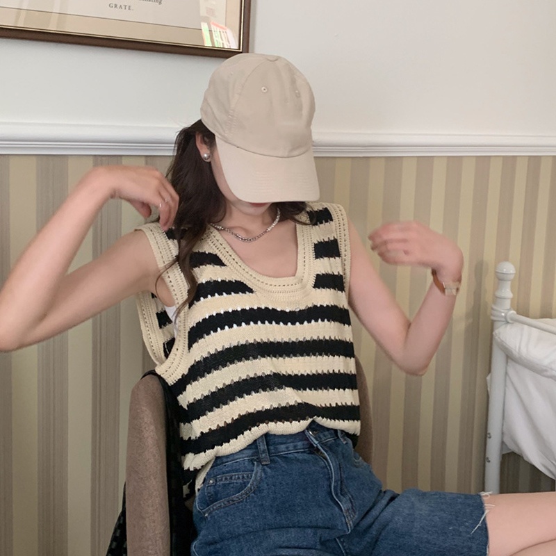 Áo Len Không Tay Dáng Rộng Họa Tiết Kẻ Sọc Thời Trang Mùa Hè Cho Nữ