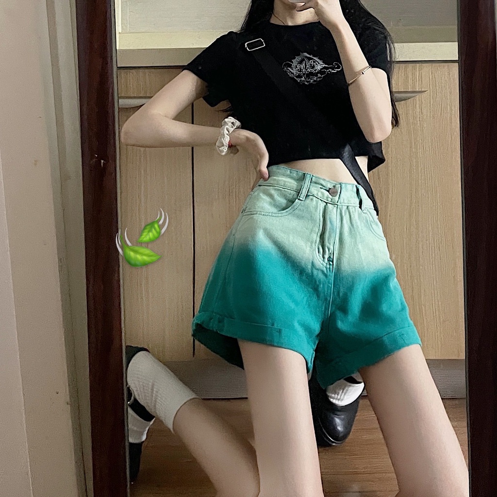 Xiaozhainv Quần Đùi Denim Lưng Cao Ống Rộng Màu Gradient Cá Tính Phong Cách Hàn Quốc Sành Điệu Cho Nữ Với Size S-4Xl | BigBuy360 - bigbuy360.vn