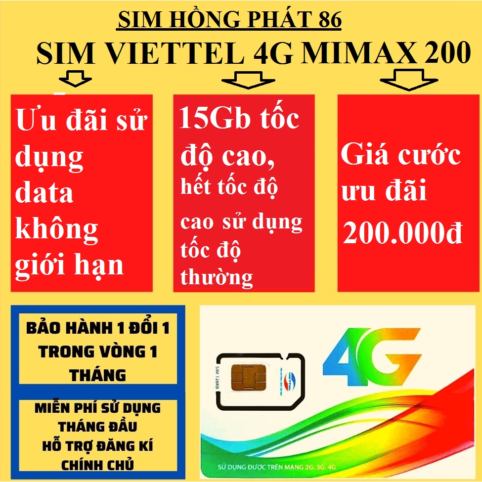 sim 4G viettel mimax200 15GBtốc độ cao truy cập data,hết tốc độ cao sử dụng tốc độ thường không giới hạn,định vị,wifi