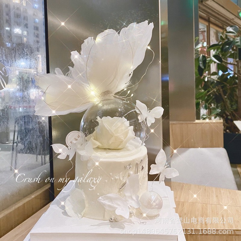Phụ Kiện Trang Trí Bánh Kem Hình Bóng Pha Lê Phối Lông Vũ Và Bướm Dễ Thương