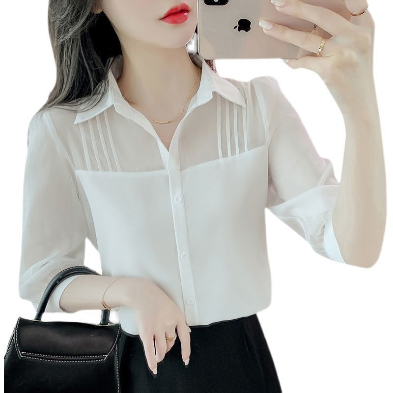 Áo sơ mi satin chiffon ghép nối tay dài 7 tấc màu trắng thời trang xuân hè cho nữ