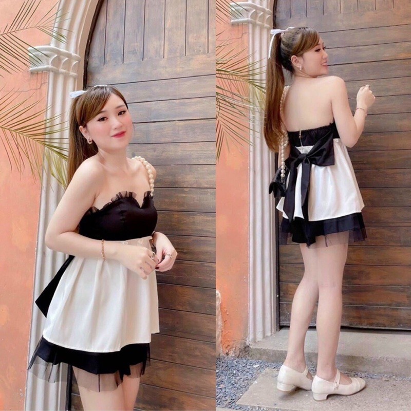 (Hình mẫu và sàn thật 100%) SET ÁO TRẮNG XOÈ XẾP LI PHỐI CÚP NGỰC VOAN ĐEN NƠ LƯNG + CHÂN VÁY ĐEN