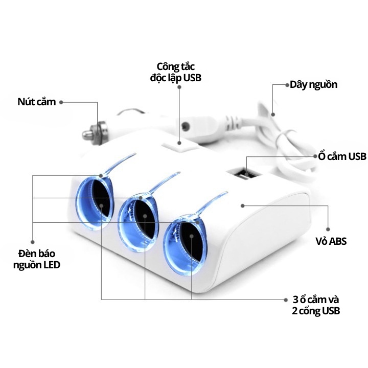 Bộ Chia Tẩu Sạc Ô Tô 3 Cổng Olesson Tẩu Chia Sạc 2 Cổng Usb Sạc Điện Thoại Ô Tô Trangdiemxe 3 By-281 | BigBuy360 - bigbuy360.vn