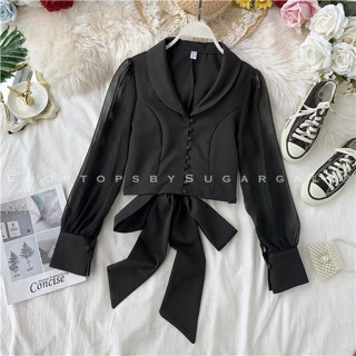 [HÀNGÁo croptop sơ mi thắt nơ lưng mở khuy cúc chất lụa - by SugarG