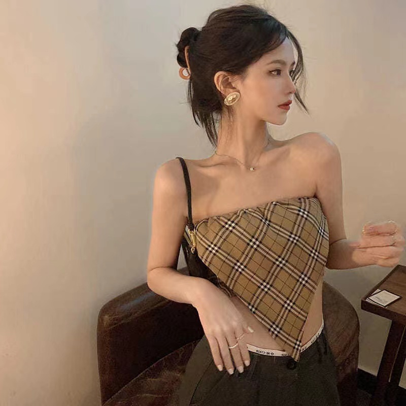 DUNEA Áo Hai Dây Họa Tiết Sọc Caro Quyến Rũ Thời Trang Cho Nữ