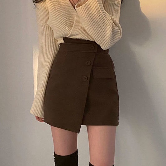 Set áo len dài tay + chân váy lưng cao thời trang nữ