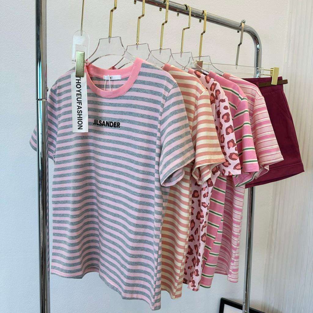 Áo Thun nữ kẻ ngang cộc tay chất cotton cao cấp , Áo kẻ ngang tông màu hồng pastel dành cho nữ hot trend hãng T&amp;T