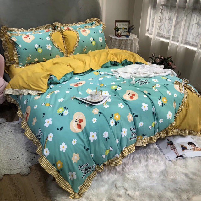 Bộ chăn ga gối cotton bèo nơ dành cho các cô nàng điệu đà