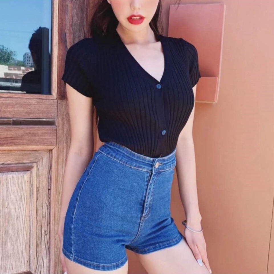 Quần short bò cạp cao ôm body tôn dáng quần jeans nữ ngắn 2 màu xanh nhạt và xanh đậm | BigBuy360 - bigbuy360.vn