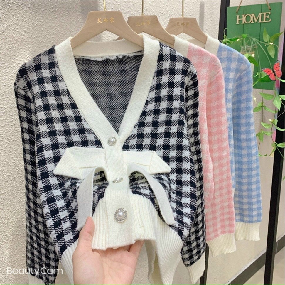 Áo cardigan len caro viền cổ nơ xinh