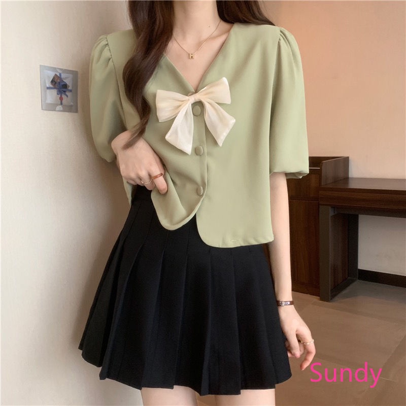 Áo Sơ Mi Voan Tay Bồng Thắt Nơ Xinh Xắn Phong Cách Pháp Cho Bạn Gái