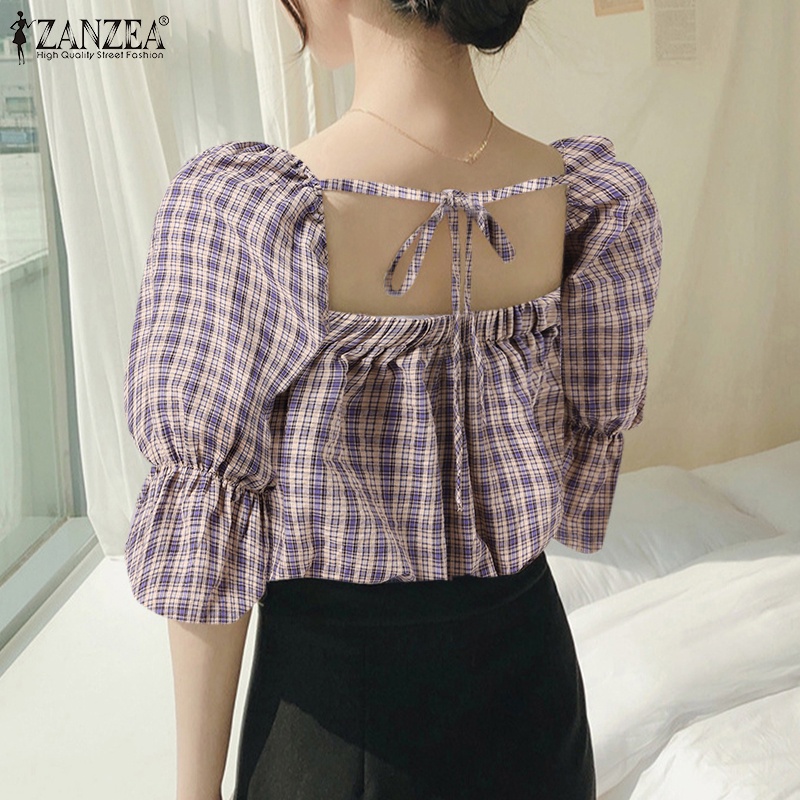 ZANZEA Áo Kiểu Tay Phồng 3/4 Cổ Vuông Thời Trang Hàn Quốc Cho Nữ