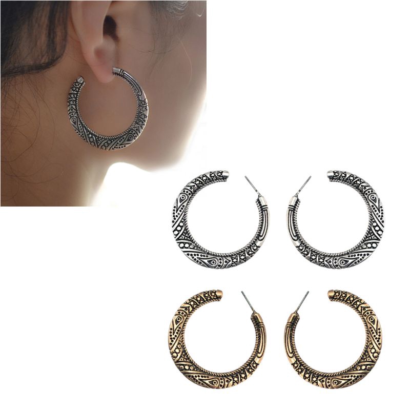 ARIN Vintage Tibetan Silver Gold Hoop Earrings Women Retro Indian Bollywood Jewelry