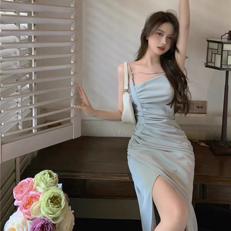 Váy Hai Dây Nhún Eo Đi Tiệc Đi Chơi-Như Hình