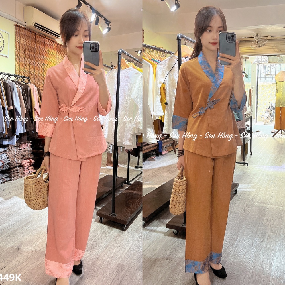 [FreeShip] Đồ lam đi chùa thiết kế # Pháp phục nữ vải đũi cap cấp phối gấm Thái Tuấn # bộ đồ Nhật Hạ B11