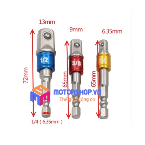 BỘ 3 ĐẦU CHUYỂN ĐỔI VẶN KHẨU THÂN LỤC GÍAC SANG BULONG 1/2, 3/8, 1/4 INCH CHO MÁY KHOAN