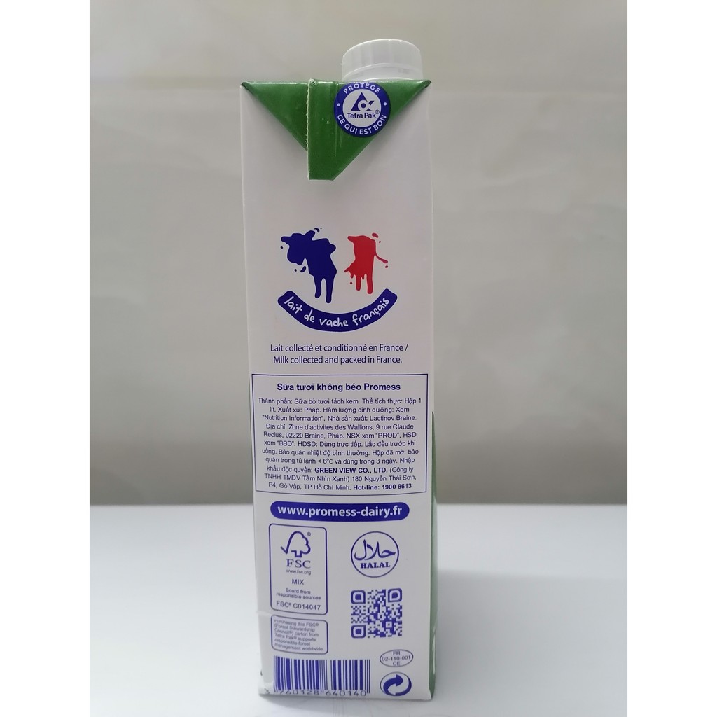 PROMESS [Hộp X/LÁ 1 Lít] SỮA TƯƠI TIỆT TRÙNG KHÔNG BÉO [France] UHT Skimmed Milk (halal)