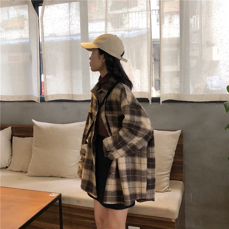 Áo sơ mi tay dài dáng rộng in họa tiết caro thời trang Hàn Quốc