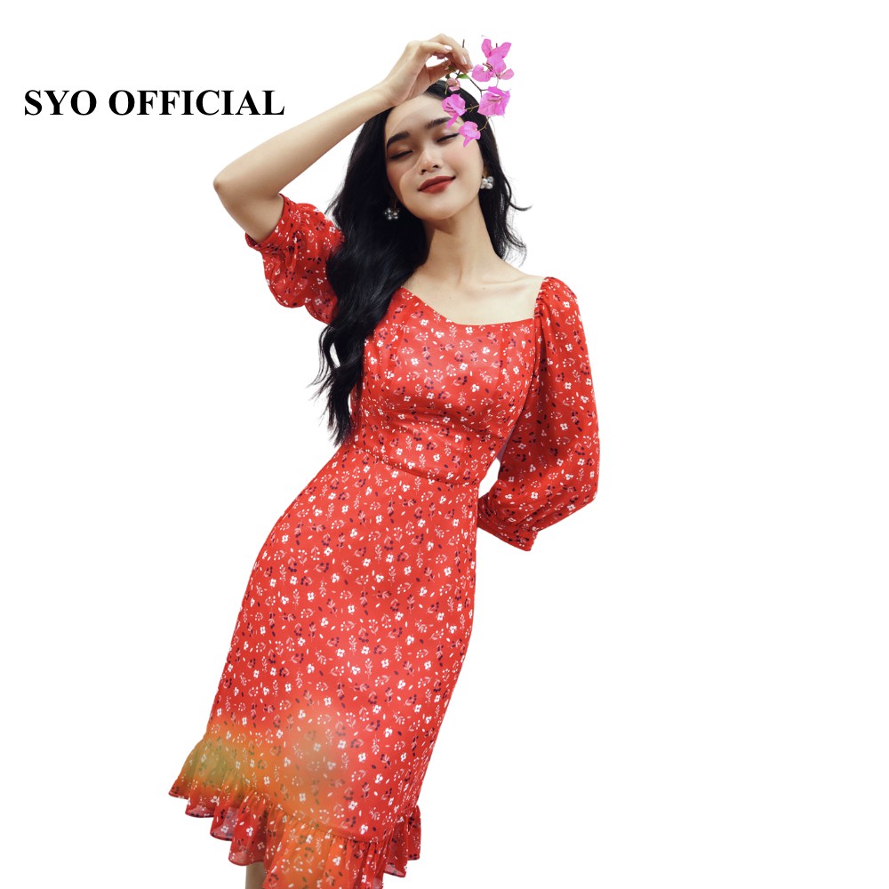 Váy hoa chiffon cổ tim tay lỡ SYO D4002-21