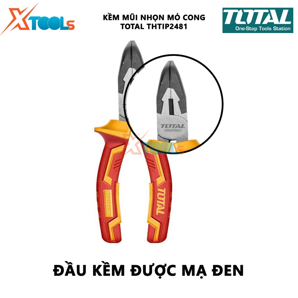 Kìm mũi nhọn mỏ cong cách điện TOTAL THTIP2481 | Kềm cách điện Kích thước 8&quot;/ 200mm, Đầu kềm được mạ đen và đánh bóng, T