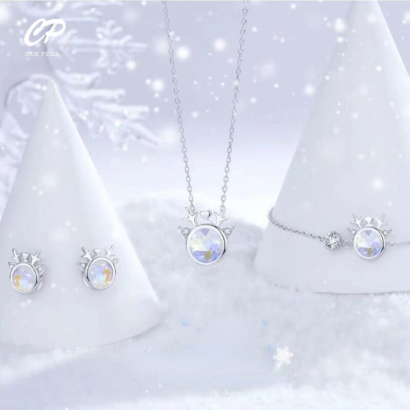 Bộ Trang Sức Vòng Cổ + Bông Tai + Vòng Tay Hình Hươu Cao Cổ Đính Đá Mặt Trăng Thời Trang Ngọt Ngào Cho Nữ