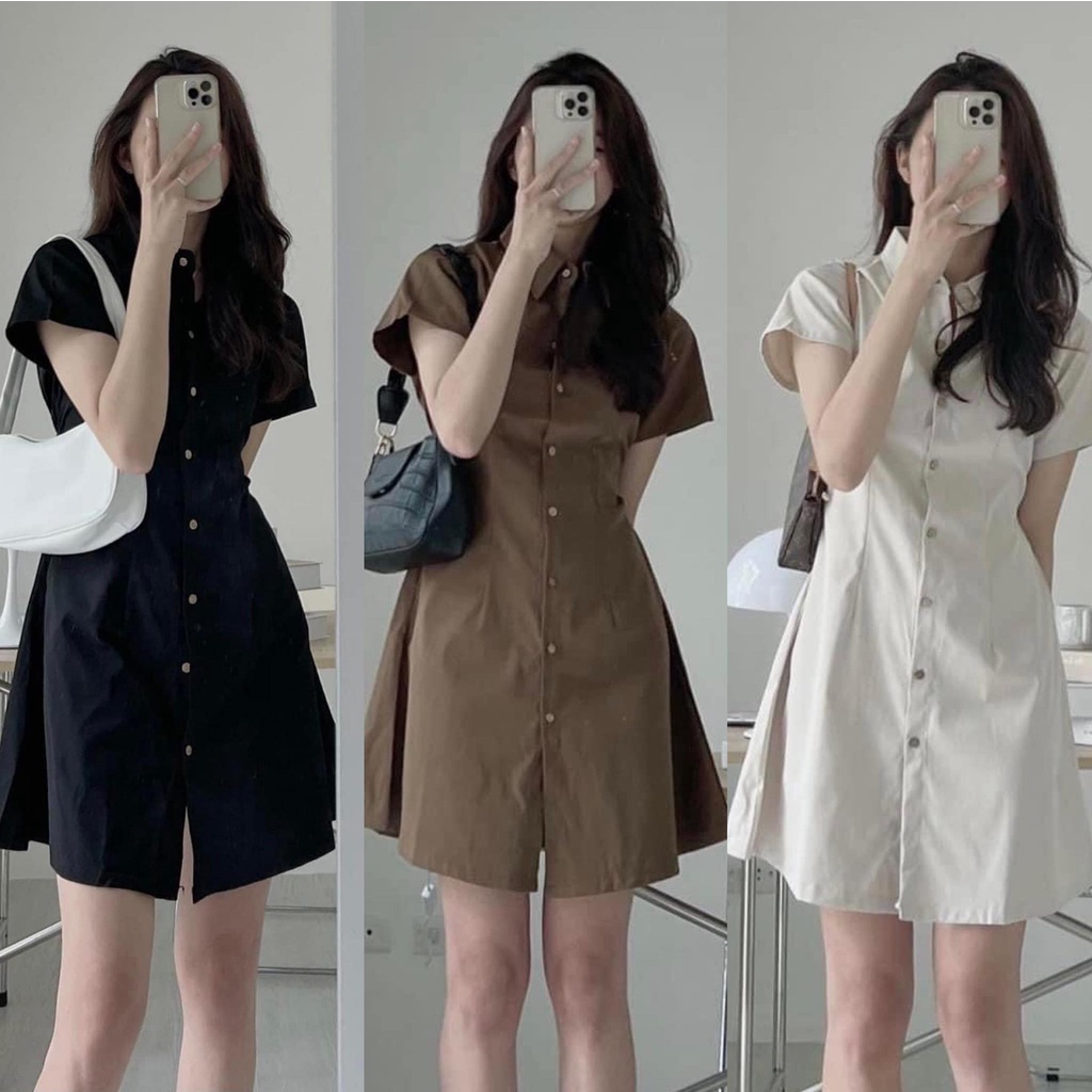 Váy Kaki 2 Da Cúc Gỗ Tay Ngắn Chun Eo Sau 4 Màu, Labibi