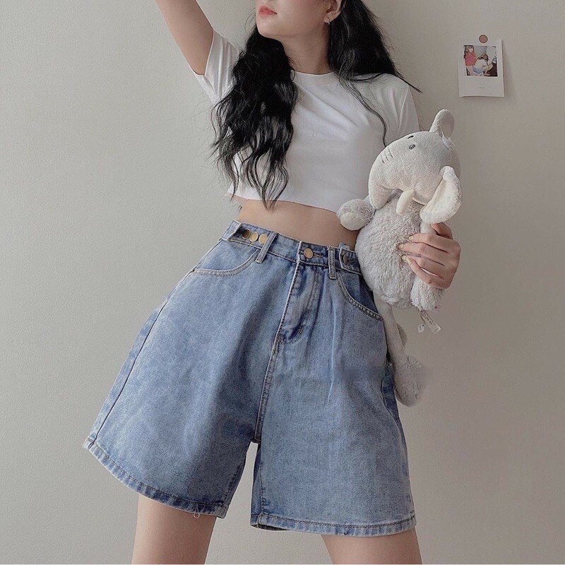 Quần đùi bò ống rộng xắn gấu 5 cúc, Quần sooc jeans nữ mặc nhà đi chơi siêu đẹp