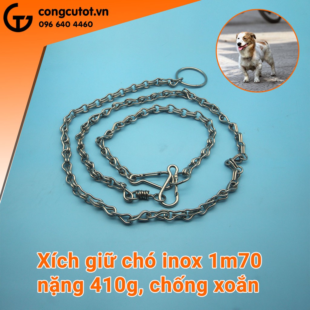 Xích giữ chó inox 1m70 nặng 410g , chống xoắn, có thể thu ngắn bằng khớp