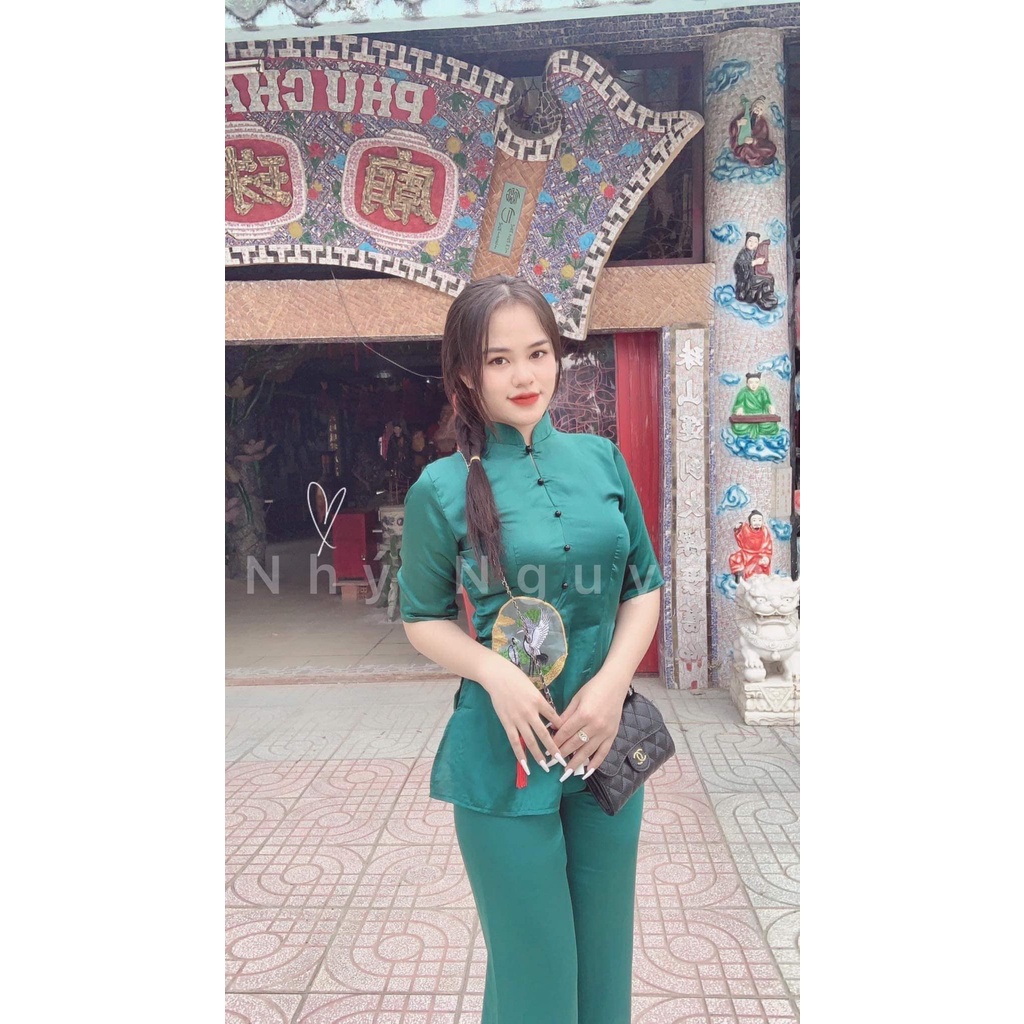 [HÌNH KHÁCH] MẶC Bộ Đi Chùa Đính Dây May Mắn MÀU XANH
