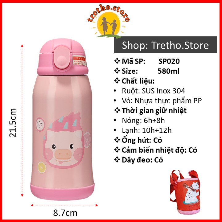 Bình nước giữ nhiệt vật liệu SUS Inox 304 có dây đeo dung tích 580ml