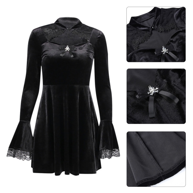 Đầm Nhung Chữ A Tay Dài Loe Cổ Đứng Phối Ren Phong Cách Gothic Harajuku Cho Nữ