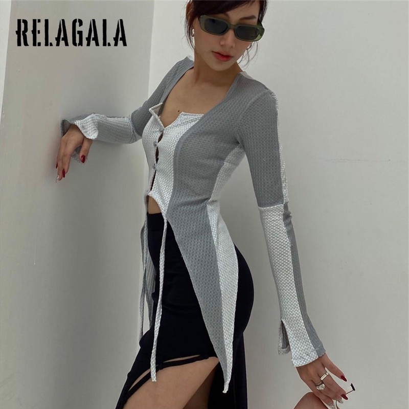 Relagala Áo Khoác Cardigan Tay Dài Cổ Vuông Màu Sắc Tương Phản Thời Trang Cho Nữ