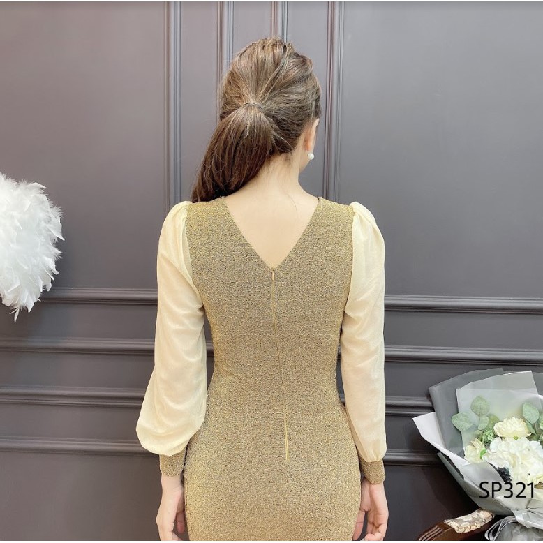 CRYS Đầm nhũ phối tay tơ tag đá, đầm body dự tiệc sang trọng SP321 | BigBuy360 - bigbuy360.vn