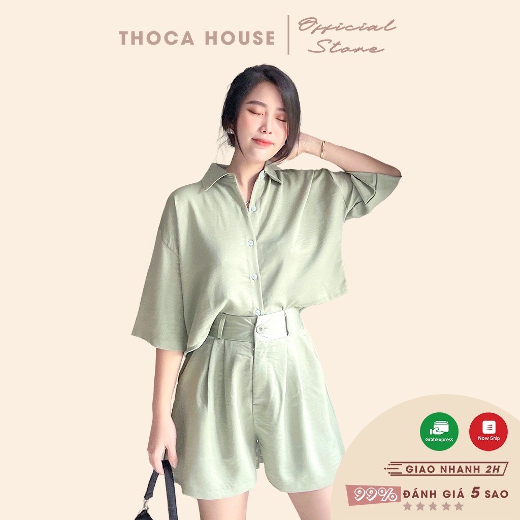 Set công sở sơ mi croptop ngắn và quần short trơn xanh mint THOCA HOUSE thanh lịch, thời trang