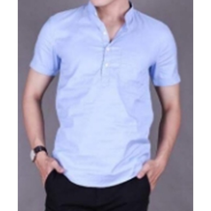 Áo sơ mi nam tay ngắn cổ trụ cổ lãnh tụ vải cotton